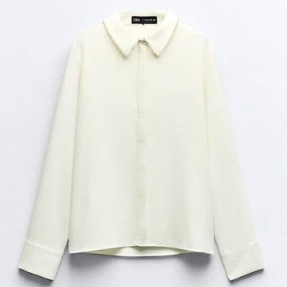 Zara NWT Pearl Lapel Crepe Shirt – Size L | Elegant Statement Blouse - Picture 1 of 11